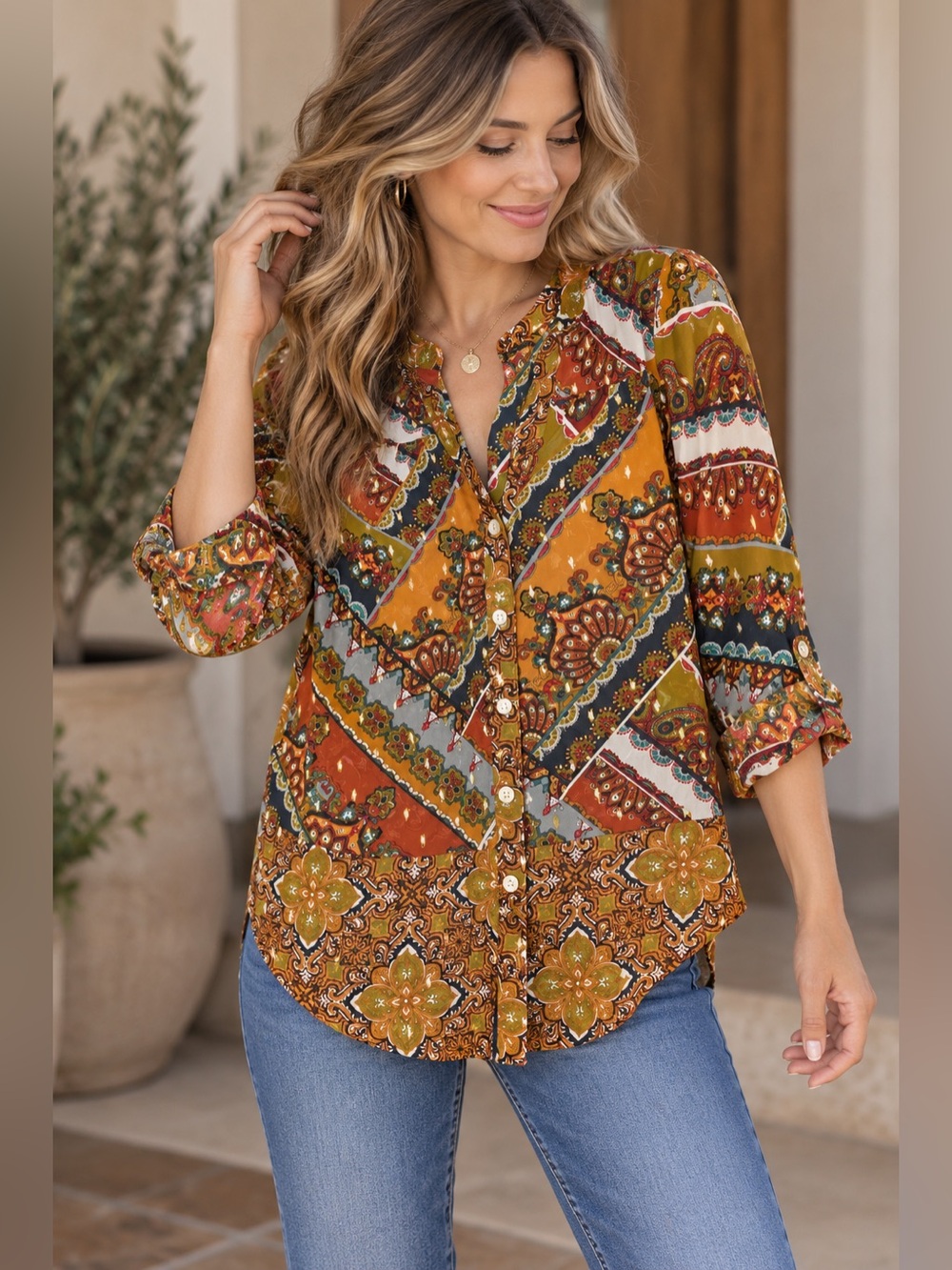 fig and flower Mustard Multi Floral Patchwork Button-Down Shirt